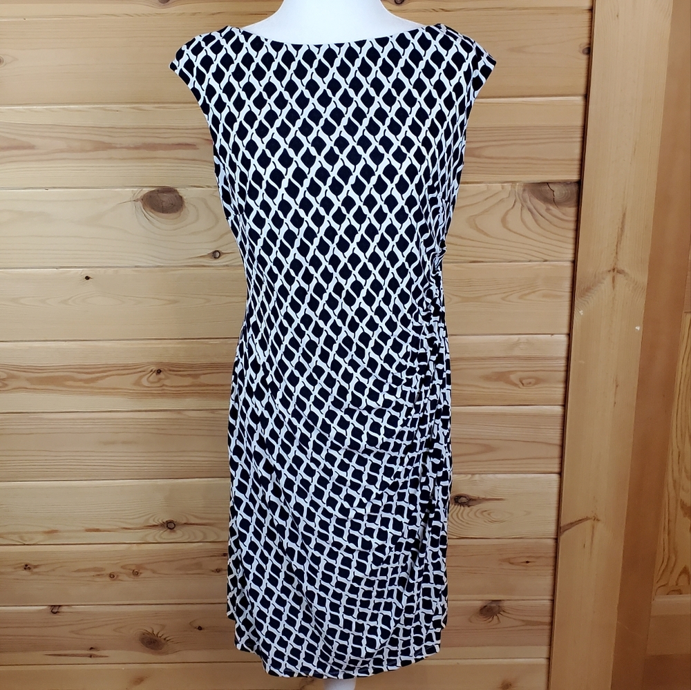 Lauren Ralph Lauren Navy Blue and Cream Midi Slip On Dress Size 14
